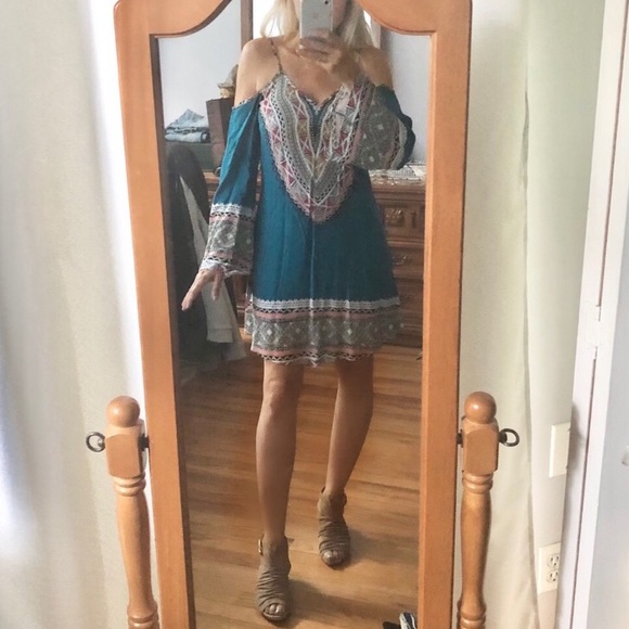 Xhiliration Teal Mosiac Boho Dress - Picture 3 of 15